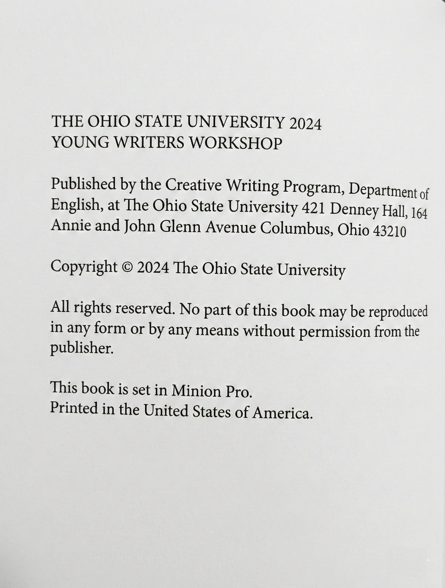 Copyright page from I Open Every Window, The Ohio State University 2024 Young Writers Workshop