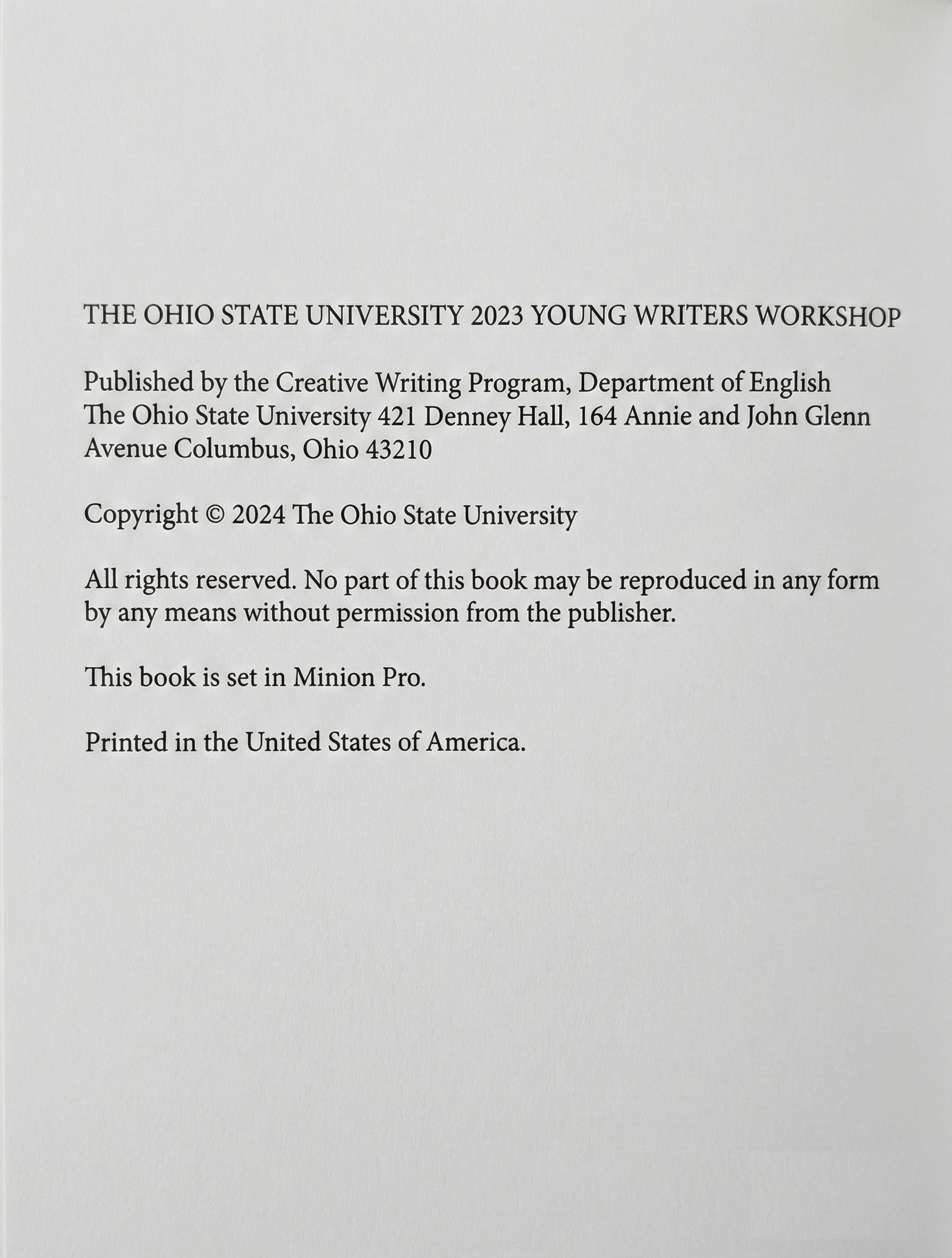 Copyright page and contributor list from Love, Hate, & the In-Between, showing Ivy Kleinman among the 2023 Young Writers