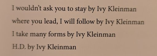 Table of contents from I Open Every Window showing four poems by Ivy Kleinman